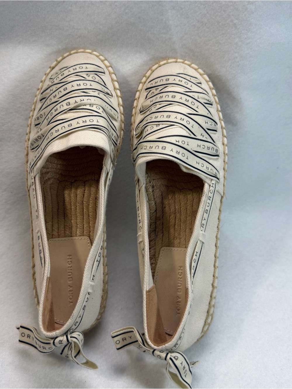 Tory Burch Logo Ribbon Espadrille Flats Ivory Cream Size 8
